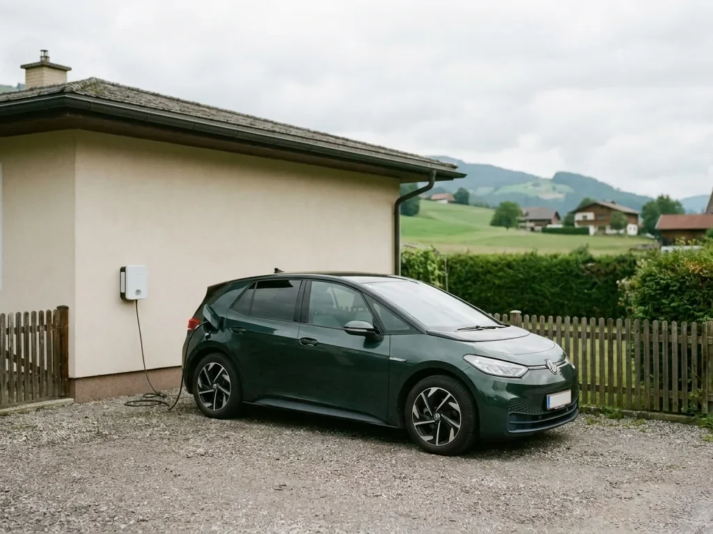 Wallbox an der Hauswand lädt ein Elektroauto in der Einfahrt eines Einfamilienhauses