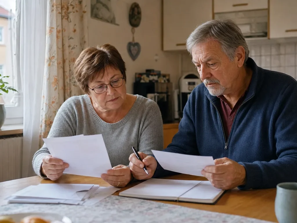 Älteres Paar am Küchentisch prüft Pensionsunterlagen und Kontoauszug